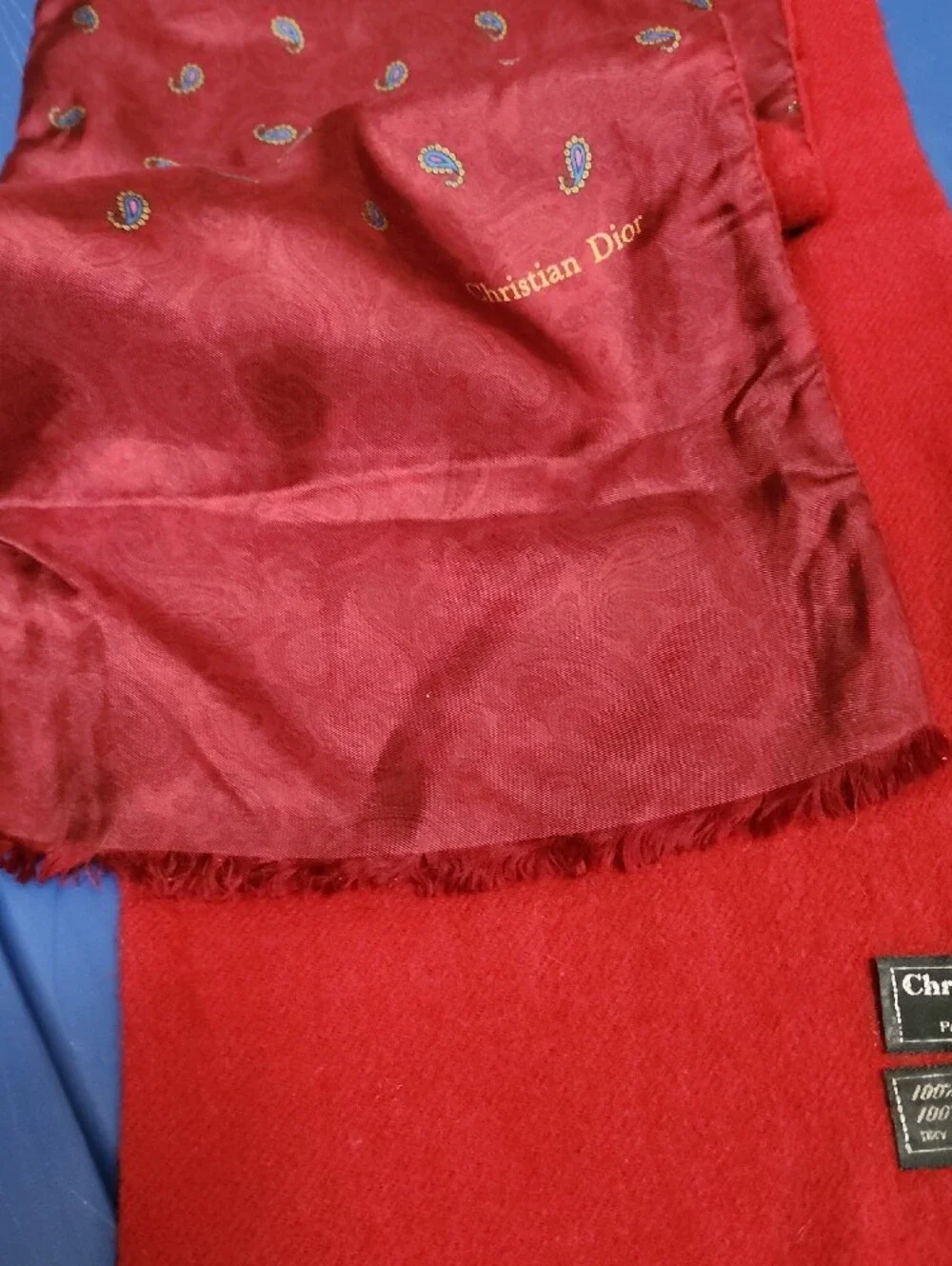 Vintage Christian Dior Authenticated Red Paisley Silk & Wool Scarf